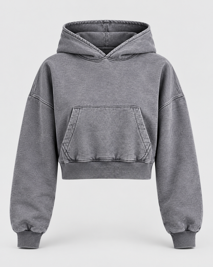 GREY WASHED CROPPED HOODIE