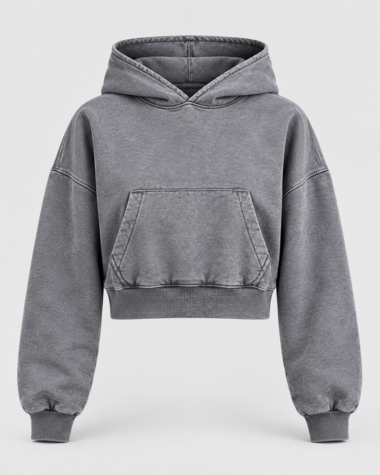 GREY WASHED CROPPED HOODIE